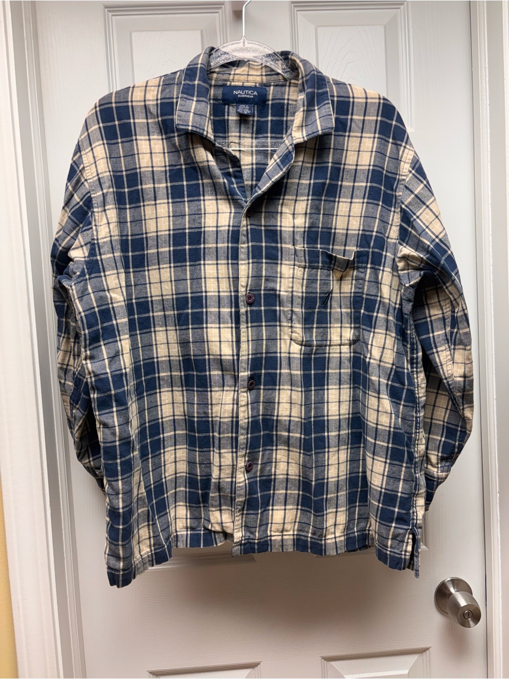 Nautica Men’s Plaid Cotton Sleepwear Pajama Shirt Large Navy Cream